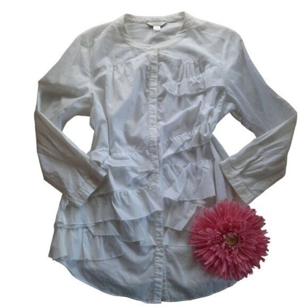 Garnet Hill Women’s Crew Neck Ruffled Cotton Blouse Button Up